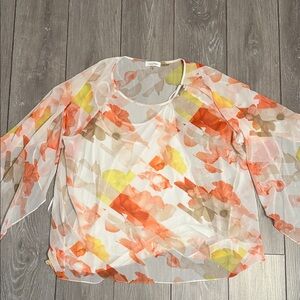 Calvin Klein Sheer Floral Blouse in Orange and Yellow